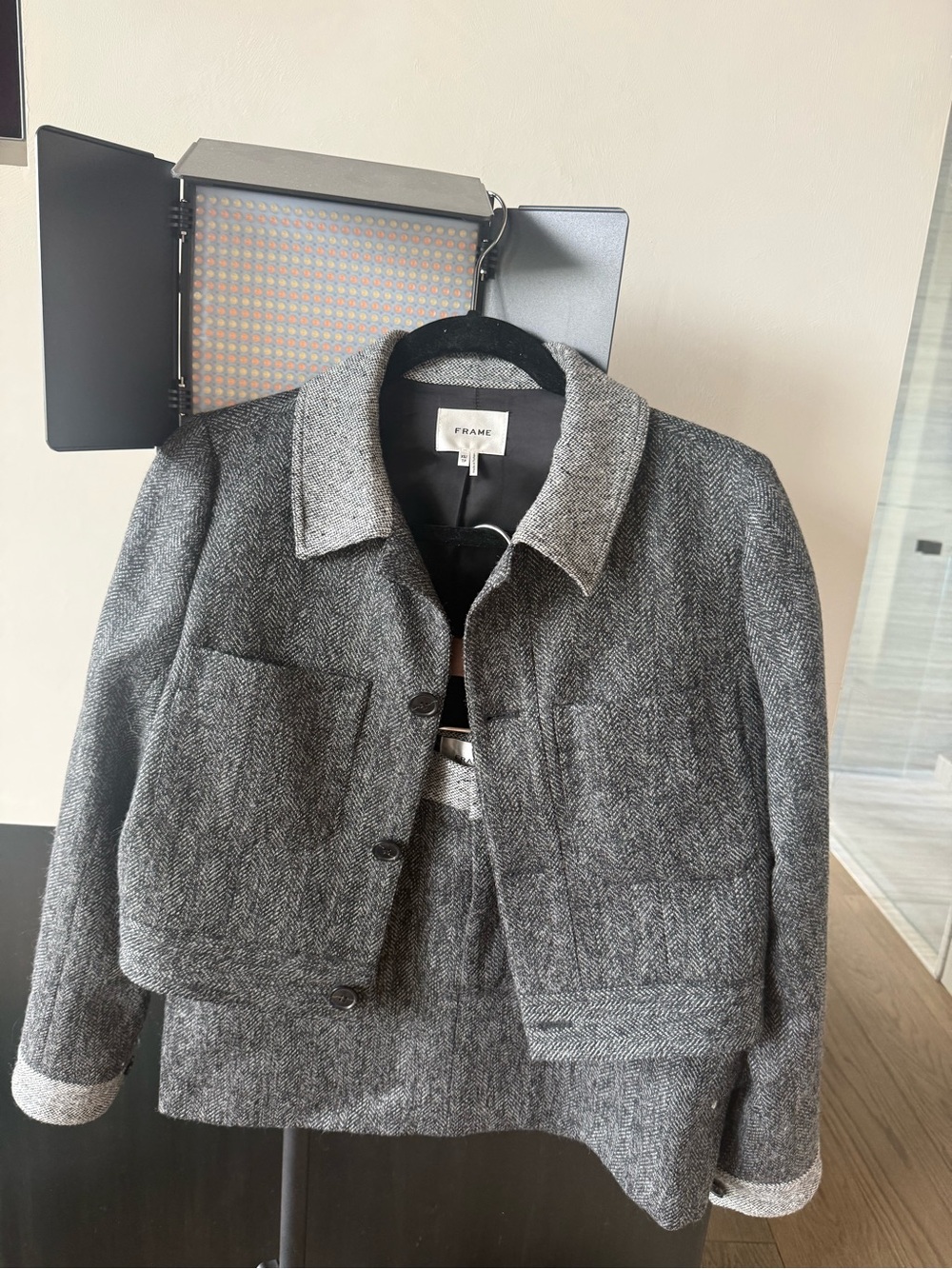 Frame Denim women’s two tone Gray Herringbone skirt and cropped jacket suit